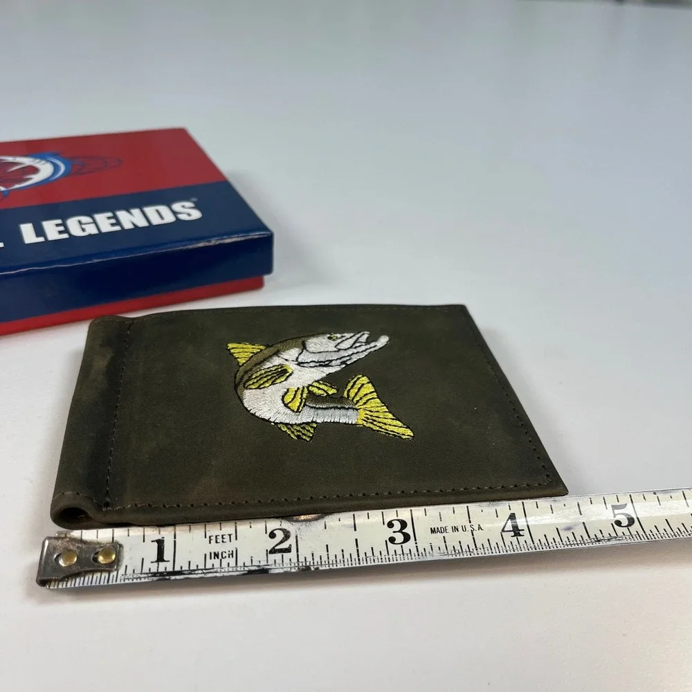 Reel Legends Money Clip Wallet Green Mens Embroidered Bass Fish 4.5 in x 3.25 in